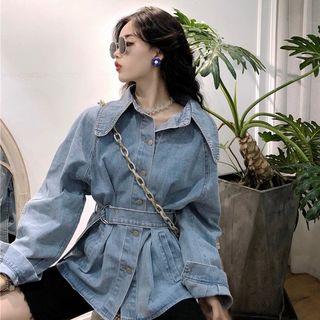 Belted Waist Pointy Collar Denim Top As Shown In Figure - One Size