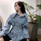 Belted Waist Pointy Collar Denim Top As Shown In Figure - One Size