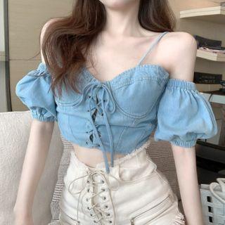 Off-shoulder Lace-up Denim Blouse Blue - One Size