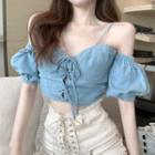 Off-shoulder Lace-up Denim Blouse Blue - One Size