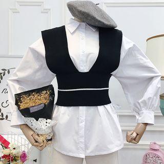 Set: Plain Shirt + Crop Knit Vest Set - White & Blue - One Size