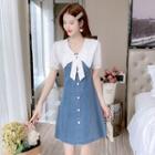 Short-sleeve Wide Collar Bow Denim A-line Dress
