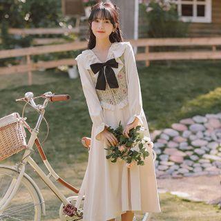 Bell-sleeve Midi A-line Dress / Print Vest / Set