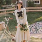 Bell-sleeve Midi A-line Dress / Print Vest / Set