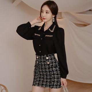 Lantern-sleeve Shirt / Mini Plaid Sheath Skirt