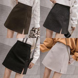 High-waist Split Hem Plain A-line Skirt