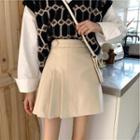 High-waist Plain Pleated Woolen A-line Skirt
