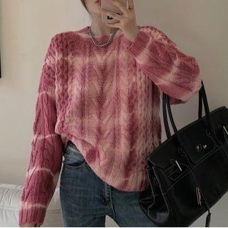 Tie Dye Cable Knit Sweater Pink - One Size