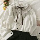 Ribbon-neckline Ruffled-trim Loose Shirt White - One Size
