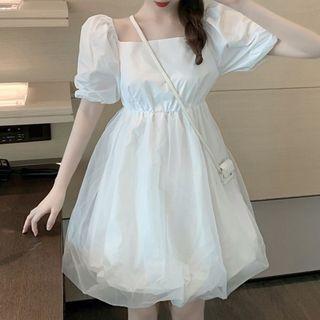 Puff-sleeve Square-neck Mesh A-line Dress