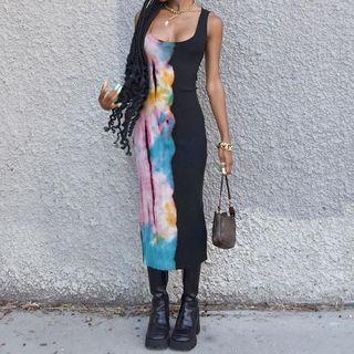 Sleeveless Square-neck Tie-dyed Midi Bodycon Dress