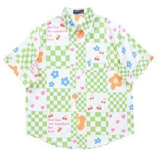 Short-sleeve Floral Checkered T-shirt