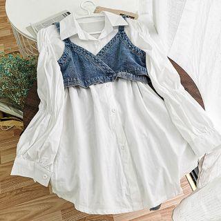 Set: Long-sleeve Shirt Dress + Sleeveless Denim Top