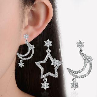 Rhinestone Star & Moon Drop Earring 1 Pair - Copper Plated Platinum - One Size