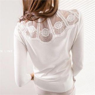 Half-placket Lace-panel Knit Top