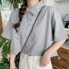 Elbow-sleeve Plain Cropped Polo Shirt