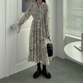 Long-sleeve Floral Print Tie-neck Midi A-line Dress Off-white - One Size