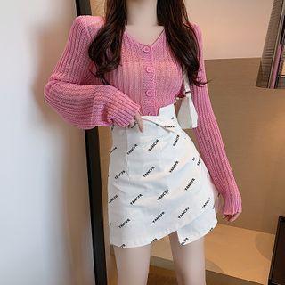 V-neck Cardigan / Lettering Asymmetrical Mini Pencil Skirt