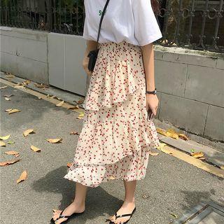 Heart Patterned Tiered Midi Skirt