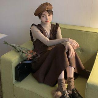 Ruffle Trim Midi A-line Overall Dress / Long-sleeve Turtleneck Top