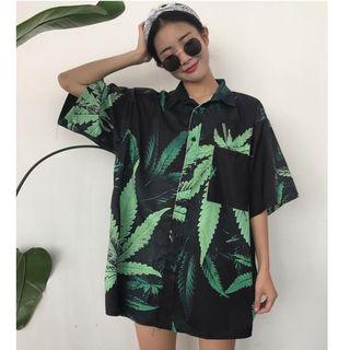 Leaf Print Elbow Sleeve Loose Fit Shirt