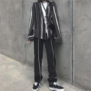 Striped Shirt / Zip Wide Leg Pants