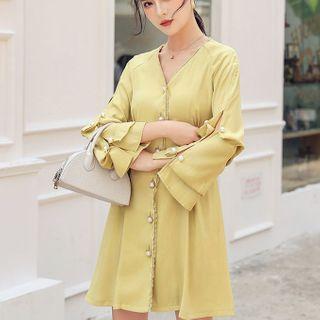 Buttoned Bell-sleeve Mini A-line Dress