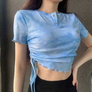 Side Drawstring Tie- Dye Short-sleeve Crop Top