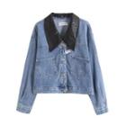 Faux Leather Collared Denim Jacket