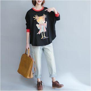 Cartoon Print Long-sleeve T-shirt Black - One Size