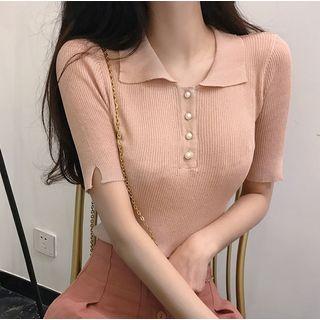 Short-sleeve Faux Pearl Buttoned Knit Top
