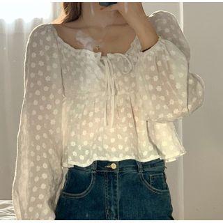 Long-sleeve Tie-neck Cropped Blouse White - One Size