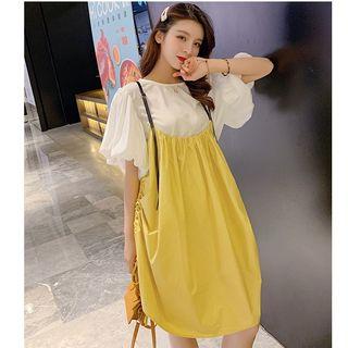 Set: Puff-sleeve Top + Pinafore Dress Yellow - One Size