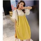 Set: Puff-sleeve Top + Pinafore Dress Yellow - One Size