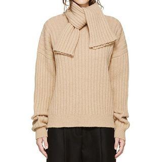 Scarf Collar Plain Rib Sweater