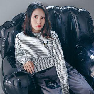 Skull Embroidered Long-sleeve Striped T-shirt