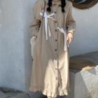Long-sleeve Bow-accent Button-up Midi Shift Dress