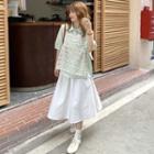 Sheer Lace Lace-up Tank Top / Puff-sleeve Plaid Blouse / High-waist Plain Skirt