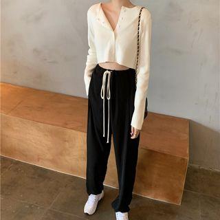 Plain Long-sleeve Cropped Top / Straight-leg Pants
