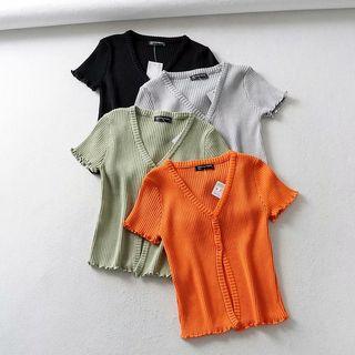 Frilled Trim Ribbed Sort-sleeve Knit Cardigan