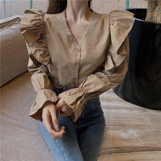 Ruffled V-neck Bell-sleeve Blouse