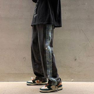Two-tone Side-button Straight-leg Jeans