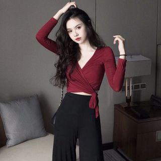 Long-sleeve V-neck Cropped Top / Wide Leg Pants
