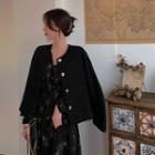 Button Jacket / Flower Print Long-sleeve Midi A-line Dress