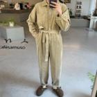 Dual-pocket Corduroy Baggy Jumpsuit With Sash