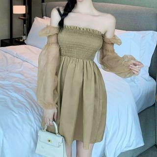 Off-shoulder Mesh-panel Smocked A-line Dress