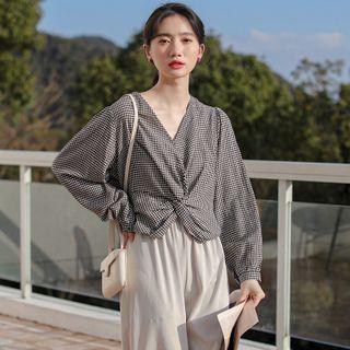 Gingham V-neck Long-sleeve Twist Cropped Blouse Black & White - One Size