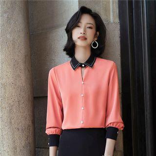 Contrast Trim Shirt / Ruffle Hem Straight-fit Skirt / Cropped Straight-fit Pants