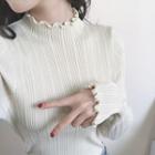 Frill-hem Plain Long-sleeve Knit Top