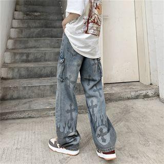 High Waist Cross Print Loose Fit Jeans